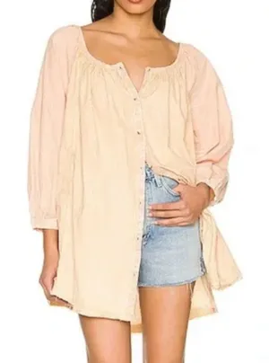 Free People Size Small Striped Button Front Oxford Swing‎ Tunic in Golden Combo thumbnail 1
