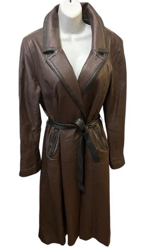VTG Brown Leather Trench Coat Belted Contrast Trim Minimalist Chic Sz 16 Lined thumbnail 1