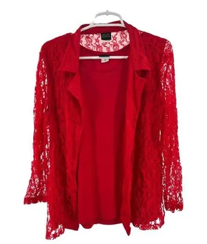 Salon Studio 2pc tank and long sleeve lace button up set red XL floral feminine thumbnail 1