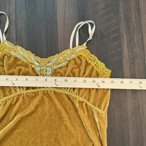Unbranded Velvet Camisole Small Mustard Yellow Sequin Lace Trim Y2K Boho Top thumbnail 3