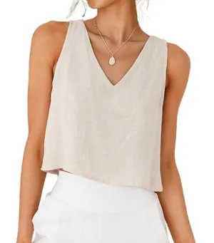 NWT IDEALSANXUN Women's Beige Cotton Linen V-Neck Crop Tank Top Medium thumbnail 1