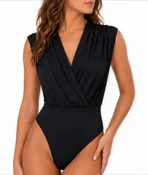 Black Ruched Surplice V Neck Sleeveless Bodysuit Sz L thumbnail 1