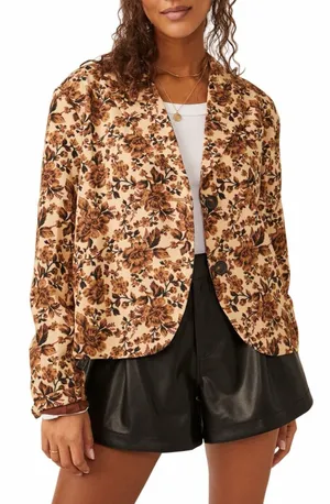 Free People Cali Floral Print Boxy Single Breasted Blazer Sm Boho Neutral thumbnail 1