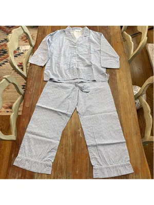 Dina Yang Cotton Pajama Set Medium Blue White Ditsy Floral 2PC Button Down thumbnail 2