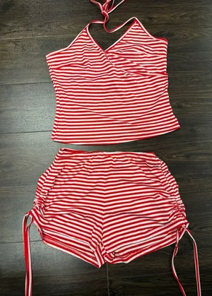 Red & White Striped Y2K Halter Top + Ruched Shorts Two Piece Set thumbnail 1