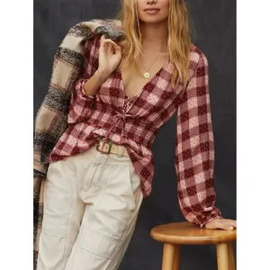 Pilcro Blouse Women Medium Red Plaid Smocked‎ Waist V-Neck Boho Top thumbnail 3