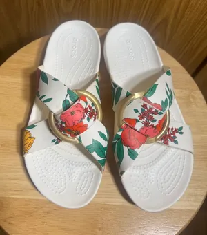 CROCS White Floral Slide Sandals with Gold Ring thumbnail 1