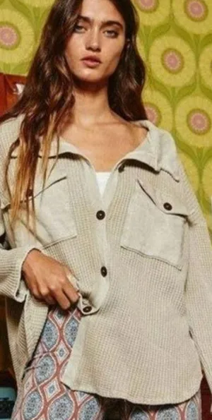 Bucket List Thermal Waffle Henley oversized‎ size medium Tan Boho Streetwear thumbnail 2