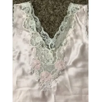 Vintage light pink sleep top with adorable dainty lace, bead, and flower details thumbnail 7