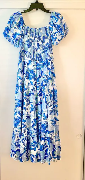 NWT Pretty Garden Smocked Blue Floral Tiered Puff Sleeve Dress thumbnail 1