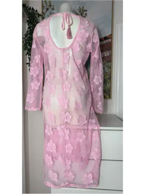 Women's Pink Floral Lace Fishnet Mesh Sheer Long Sleeve Midi Dress Cover Up M/L thumbnail 6