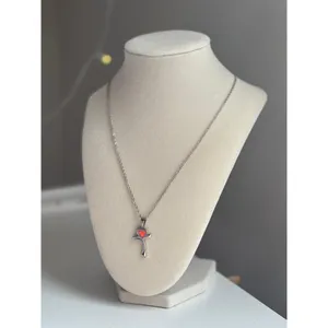 Cross Necklace Red Heart Pendant Silver Stainless Steel Minimal Jewelry thumbnail 2