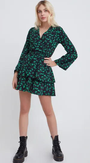ASOS Subdued Emerald Leaf Floral Print Ruffle Tiered Flare Sleeve Dress thumbnail 1
