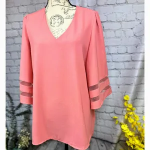 Casual V Neck 3/4 Bell Sleeve Mesh Panel Blouse Coral XL thumbnail 2