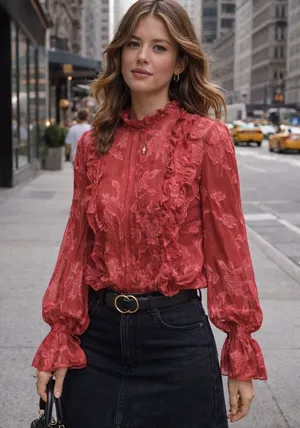 Leith floral blouse sheer ruffle pleated front keyhole‎ back coquette FLAWS thumbnail 1