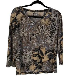 Y2k‎ Blue Brown Paisley Print 3/4 Sleeve Top Blouse Shirt M Western Boho Grunge thumbnail 1