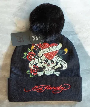🆕 Ed Hardy Beanie Y2K Black Cuff Cap Hat Brand New faux fur pom thumbnail 1