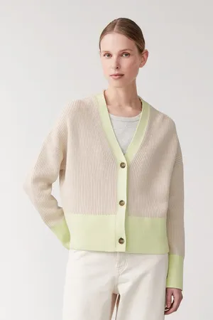COS Cotton Ribbed Knit Colorblock Cardigan Cream Green thumbnail 1