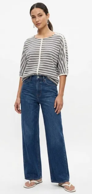 Madewell Gray White Striped Textured Cotton Top Back Zip Medium thumbnail 1