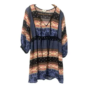 Entro‎ Womens Tie Up Neck 3/4 Sleeve Mixed Print Casual Boho Tunic Dress M thumbnail 2