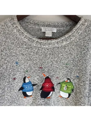 Christopher & Banks Vintage Grey Embroidered Penguin Snowflake Sweater Large thumbnail 3