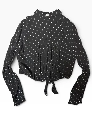 Billabong Black White Print Tie Front Button Down Cropped Blouse Large thumbnail 4