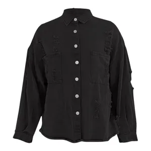 T&C Apparel Distressed Denim Shacket Womens Medium Black Frayed Hem‎ Oversized thumbnail 2