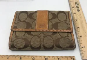 COACH Leather Fabric Combo Brown Tri Fold Wallet thumbnail 3