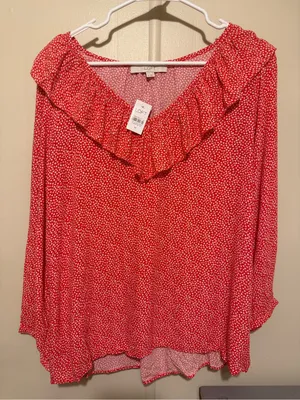 New Womens LOFT Red Ruffled V-Neck Blouse M thumbnail 1