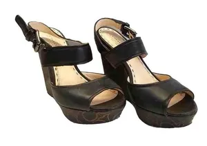 Coach Black Leather Open Toe Signature Monogram Wedges thumbnail 1