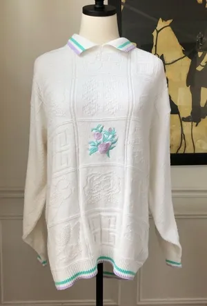 Vintage Embroidered Patchwork Cotton Sweater M White Size M thumbnail 1
