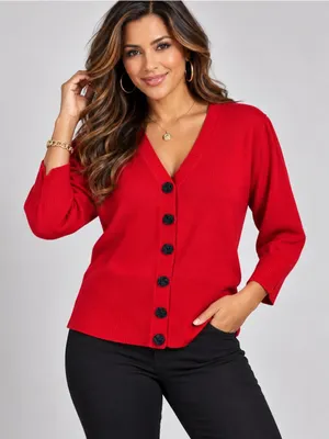 Nue Options Red Knit Cardigan Black Rose Buttons Size L thumbnail 1