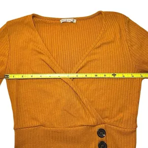 Active USA Ribbed Mustard Wrap Front Soft Crop Top Mustard Y2K Long Sleeve Small thumbnail 4