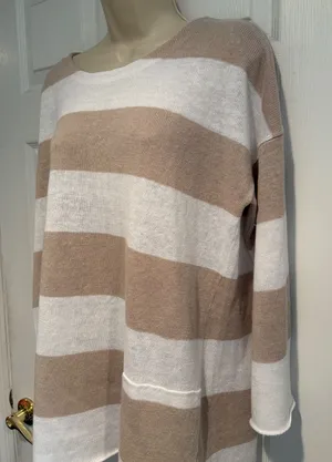 Eileen Fisher Organic Linen Striped Sweater Tan White Large S18SVD Pockets thumbnail 1