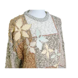 Vintage Y2k Kocal Womens Leaf Fall Theme Colorblock Sweater Tans Mint Green Sz L thumbnail 2