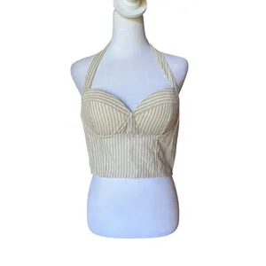Revolve Superdown Rudy Halter Top Beige White Striped Womens Medium NEW With Tag thumbnail 2