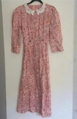 Vintage Handmade Pink Prairie Girl 1/2 Sleeve Scribble Print Dress thumbnail 1