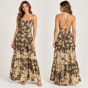 BCBGMAXAZRIA Brown Floral Tiered Maxi Dress Silk Lining Open Back Size Medium thumbnail 2