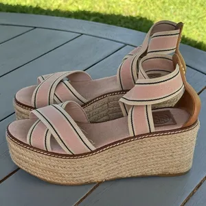 Tory Burch Pink Beige Striped Strappy Wedge Platform Slip-On Sandals Size 7M thumbnail 1
