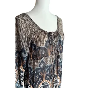 Boho Mixed Paisley Floral Print Ruffle Hem Tunic Top Black Blue Tan Tie Neck‎ thumbnail 2