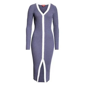 NWT!! STAUD Shoko Stripe Long Sleeve Sweater Dress Navy Blue White Striped Large thumbnail 10