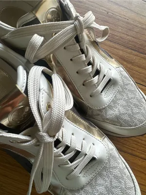 Michael Kors Maddy Two Tone Logo Trainer Sneakers White Brown Gold 9M thumbnail 7