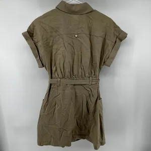 Zara Linen Shirt Dress Collar Mini Short Sleeve Belted Button Pockets Beige S thumbnail 7