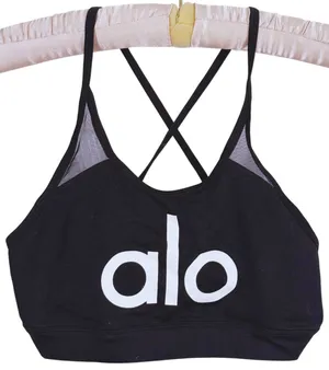 Alo Yoga Starlet Graphic Logo Mesh Sports Bra Womens XS Black Yoga Pilates Gym thumbnail 1