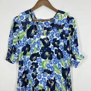 Free People Floral Print Mini Dress Blue Green Moon Chaser Tiered Shift Med NWT‎ thumbnail 10