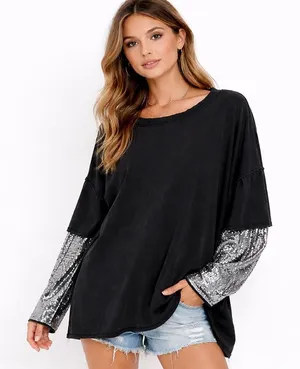 Free People Nellie Sequin Twofer‎ top Womens M black and silver oversized Grunge thumbnail 1