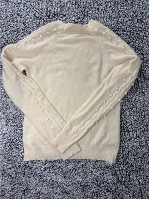 100% Cashmere Sweater Women Size S Cream Cable Knit Pom Pom Beaded Luxury thumbnail 6
