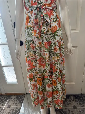 Petal&Pup Floral Halter Maxi Dress in White with Orange & Green Size 4 thumbnail 6