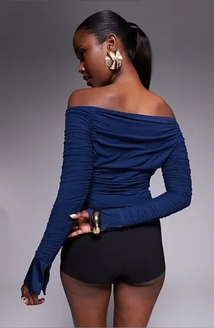 Princess Polly Moreno Off The Shoulder Navy Top thumbnail 1