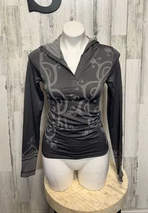 Gray Athletic Hooded Top Women Small Long Sleeve Fitted Workout Hoodie Stretch thumbnail 1